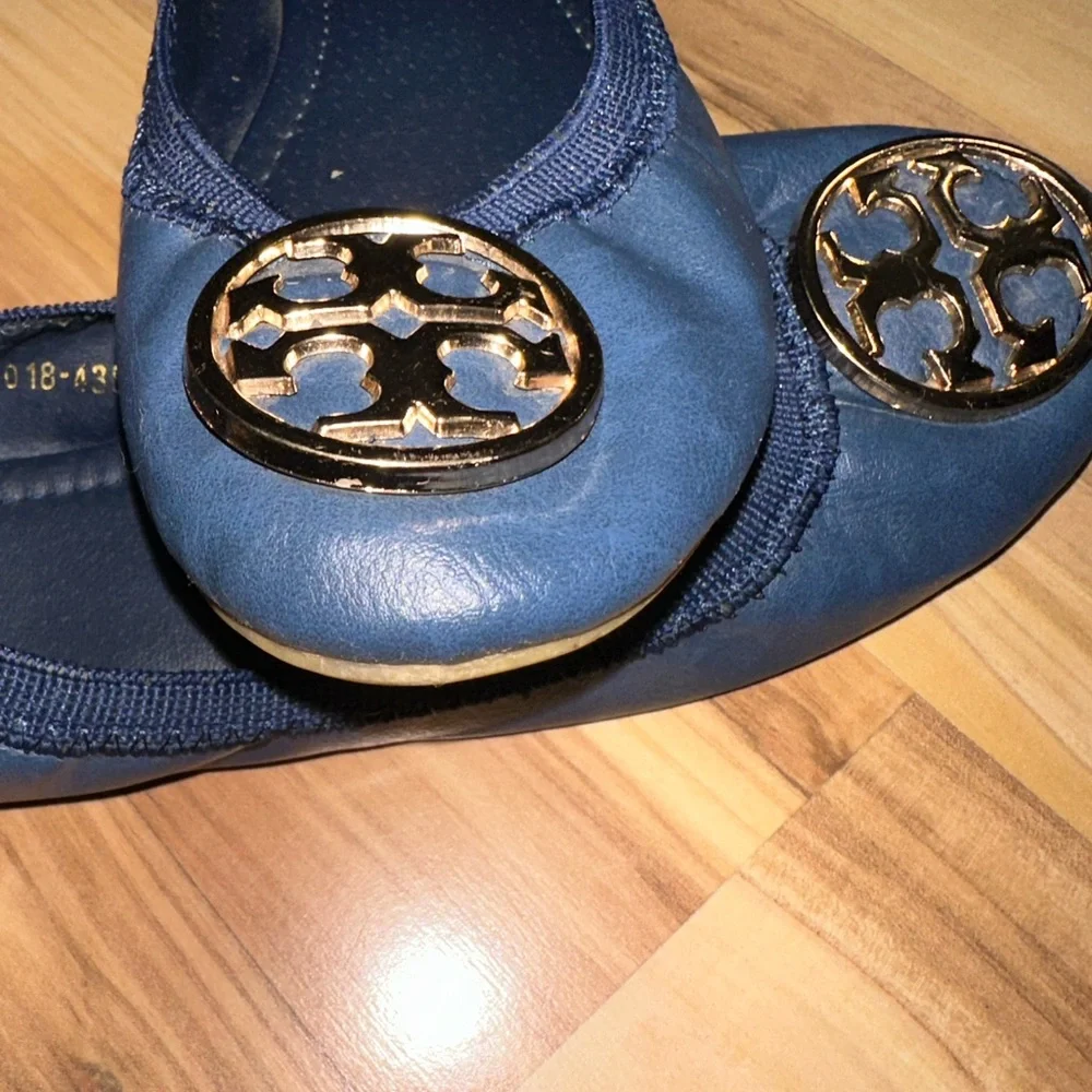 Tory Burch Navy Flats with Gold Emblem